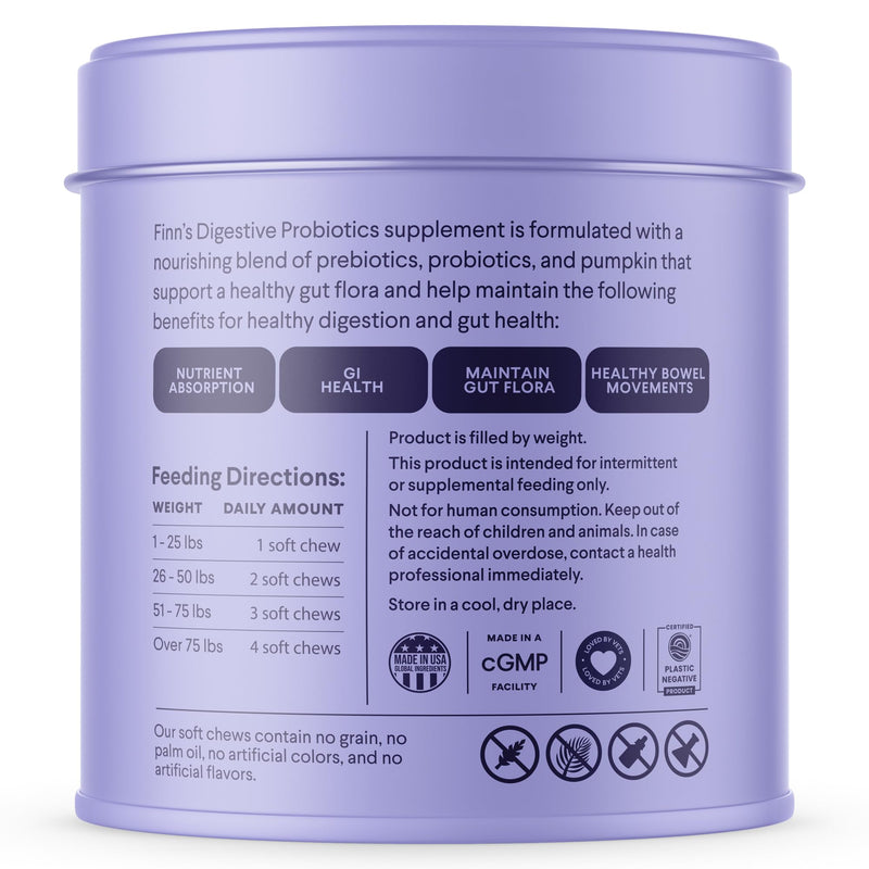 Finn Digestive Probiotics for Dogs - Complete Digestive System Support with Pumpkin, Prebiotics, & Live Probiotics - Vet Recommended & Made in The USA - 90 Soft Chews (Peanut Butter) Peanut Butter - PawsPlanet Australia