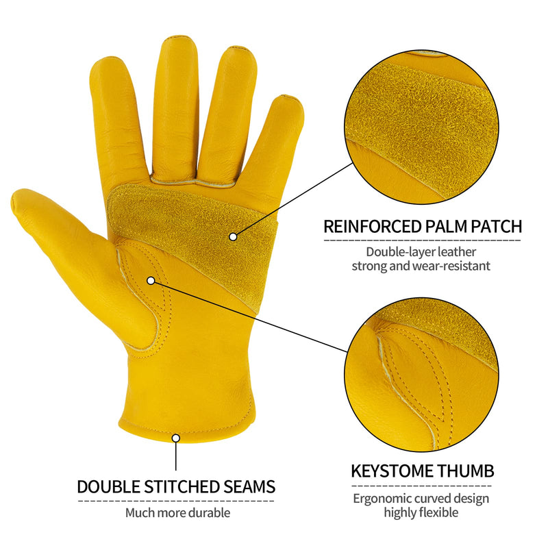 Leather Work Gloves for Men & Women, Reinforced Durable Gardening Gloves,Cowhide Work Gloves,Puncture & Cut Resistant Golden Large