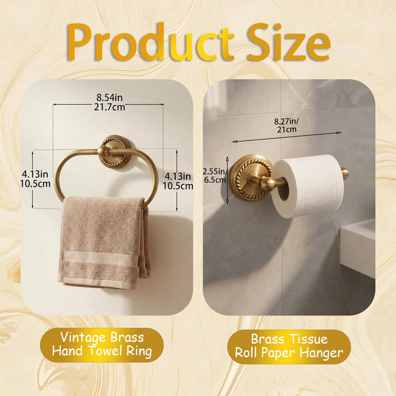 2-Piece Antique Brass Toilet Paper Holder & Towel Ring Set | Vintage Elegant Wall Mounted Retro Bathroom Hardware Tissue Roll Paper Hanger Bathroom Accessories