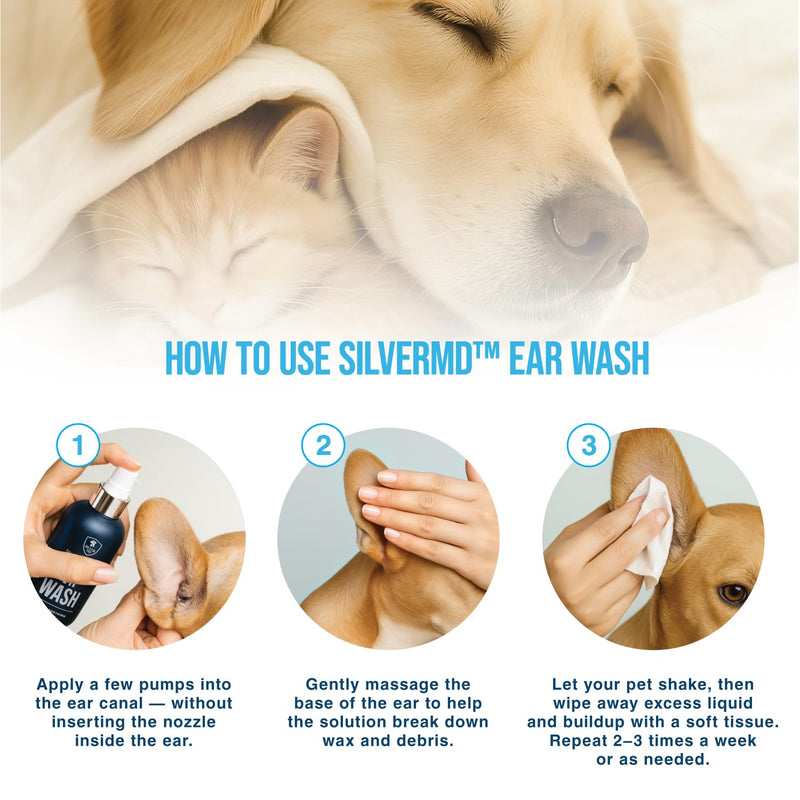 Pet Ear Wash Spray for Dogs & Cats, 8 oz Nano Silver Ear Cleaner, Gentle Ear Flush for Itchy Sensitive Ears, Soothing Cleansing Solution for Wax, Odor & Daily Ear Care