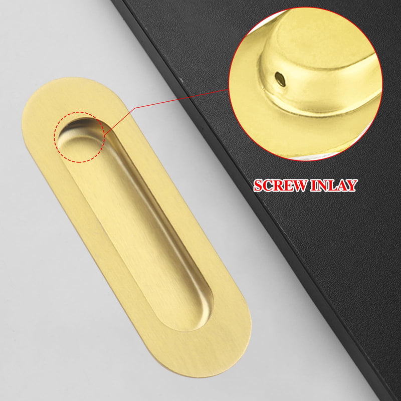 Pocket Door Handles Gold,6 inch Oval Recessed Flush Pocket Door Pull Handle,304 Stainless Steel Pocket Door Hardware, Hidden Edge Pull with Push Automatic Bounce Switch 6 Inch