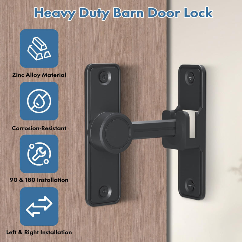 XOOL Barn Door Lock Latch, 90 & 180 Degree Heavy Duty Barn Door Latch, Lock Latch for Door, Garden, Bathroom, Garage, Window, Outdoor, Garage, Barn Black