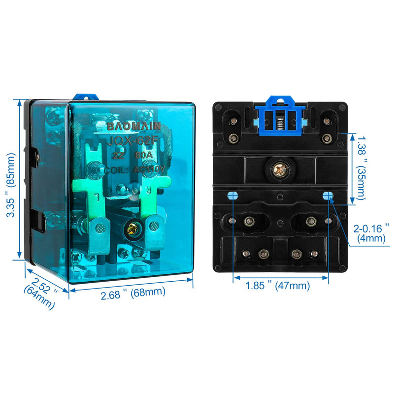 Baomain High Power Relay JQX-62F-2Z 110V AC 80A DPDT 2NO 2NC Electronmagnetic Relay, 35mm Rail Mount