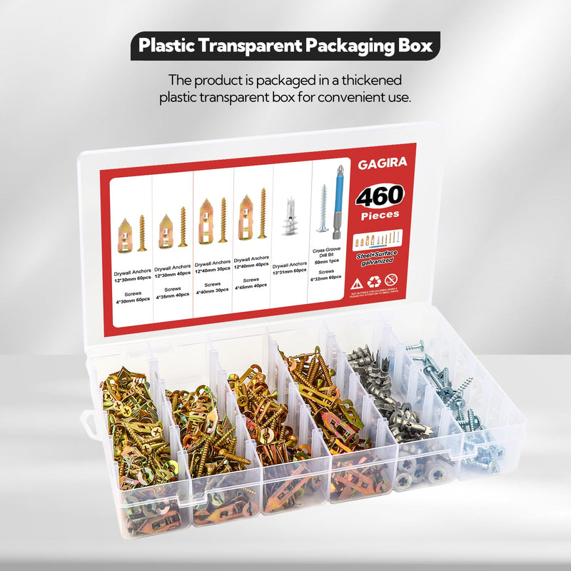 460pcs 5 Different Sizes Drywall Anchors, Self Drilling Drywall Anchors Kits with Cross Groove Drill Bit