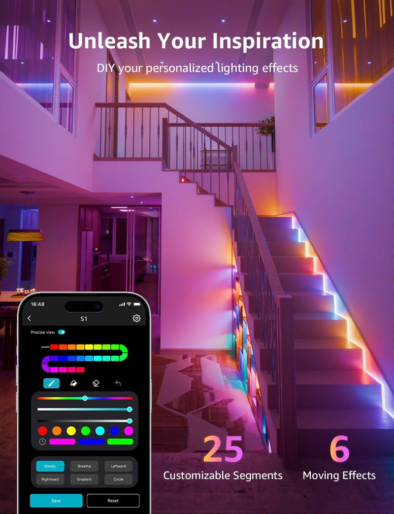 Lepro S1 AI LED Strip Lights for Bedroom - 16.4ft Smart RGB Light Strips with IC and Rainbow Chasing Effects, Color Segment DIY, AI Generated Lighting for New Year, No Remote, 2.4G Wi-Fi & Bluetooth