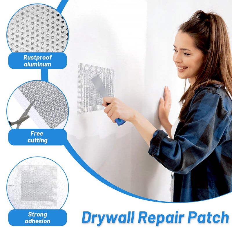 12 PCS 4/6/8 Inch Wall Repair Patch Kit, Aluminum Mesh Dry Wall Hole Repair Patch with Scraper Sandpapers Gloves Heavy Duty Wall Repair for Large Holes Quick Fixes 12 PCS 4/6/8inch Wall Repair Patch Kit