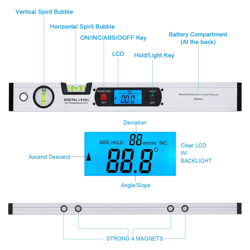 16-inch Digital Spirit Level and Protractor, Torpedo Level, Inclinometer Angle Gauge Finder Bubbles Magnetic Base with Backlight Silver