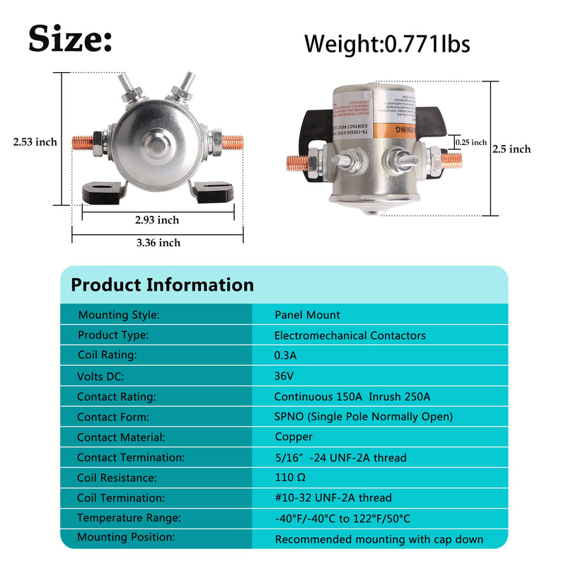 10L0L #70 Series Continuous Duty Solenoid Relay for 36 Volt EZGO Electric Golf Cart, Includes Resistor & Diode, OEM# 27855G01 11761G1 27855G02