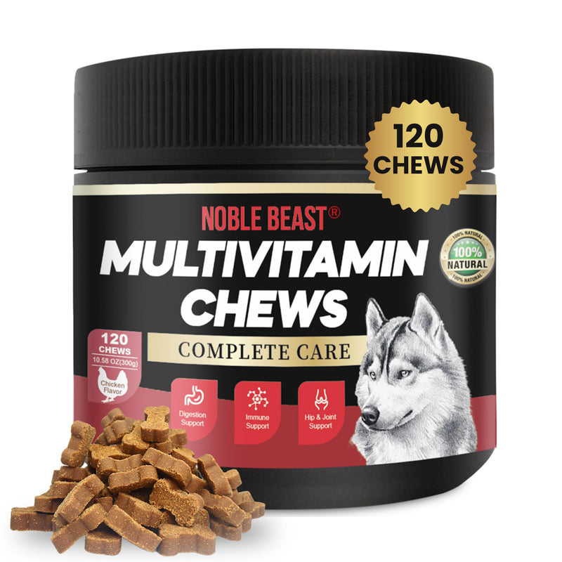 Noble Beast Dog Multivitamin Supplements, Soft Chews with Probiotics, Glucosamine Chondroitin Joint Support, Digestive Enzymes, Immune Support Vitamins for Skin & Coat, Chicken Flavor - 120 Count