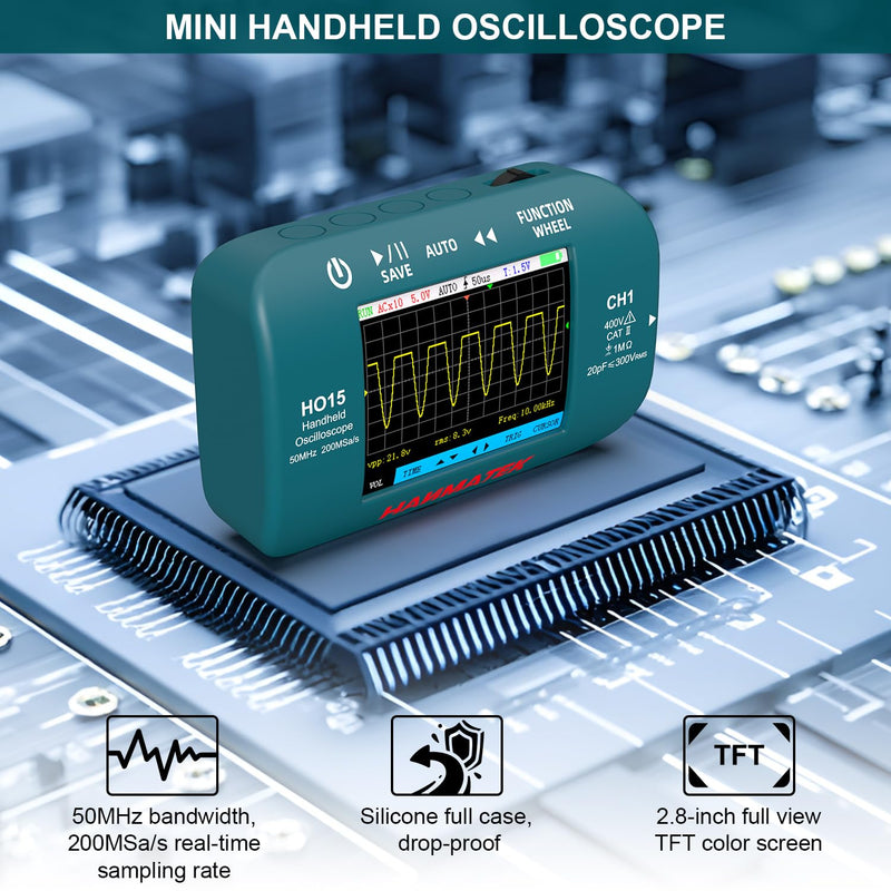 HANMATEK HO15 Handheld Digital Oscilloscope - 50MHz Bandwidth, 200MSa/s High-Precision Sampling, 2.8" TFT Display, USB Rechargeable, Signal Generator,Portable for Fieldwork Professional 50 Mhz