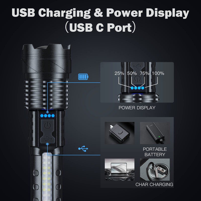 Cinlinso Flashlight High Lumens Rechargeable 2 Pack, 990000 Lumen Super Bright Led Flashlights with 7 Light Modes, IPX6 Waterproof, Powerful Handheld Flash Light for Camping Home Emergencies