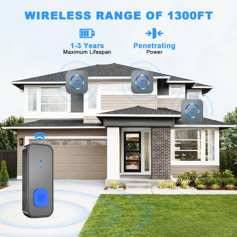 SURFOU Wireless Doorbell Kit for Homes -1300ft Range, Waterproof, 55 Melodies with LED Flash, 1 Push Button & 3 Plugin Receivers 1 Button+3 Receivers