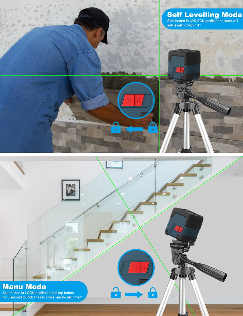 Laser Level, RockSeed Cross Line Laser with Self-Leveling, Vertical and Horizontal Line, Rotatable 360 Degree, Carrying Pouch, Battery Included (Green with Tripod) Green With Tripod