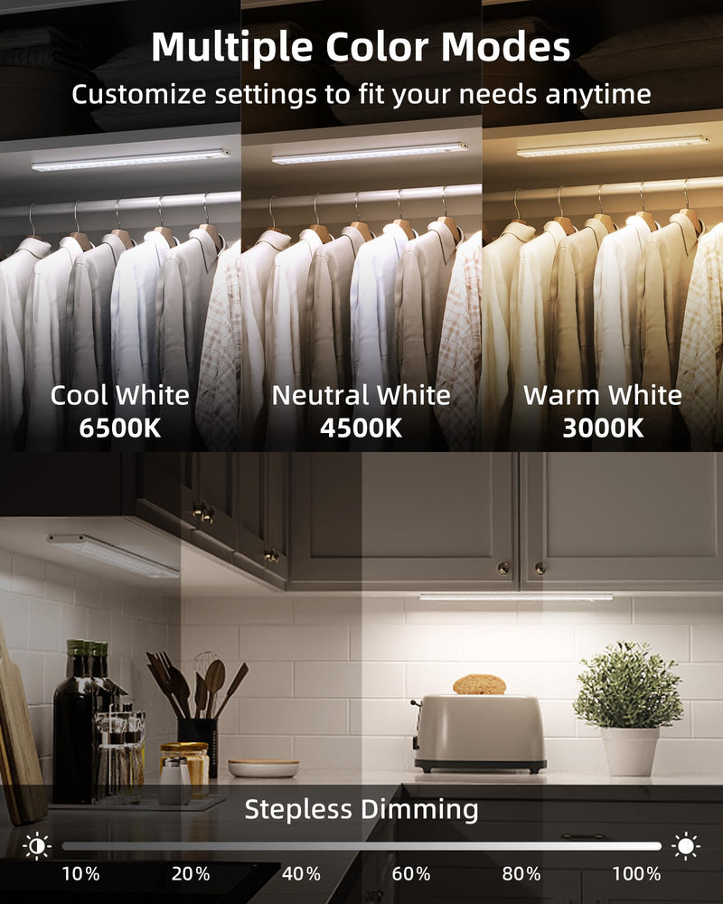 14.5inch Under Cabinet Lights, Wireless Closet Light, Motion Sensor, 3500mAh Rechargeable Battery, Magnetic, 3 Color Temps, 5 Levels Dimmable, Under Counter Lights for Kitchen (2 Pack) 14.5inch 3 Color Light