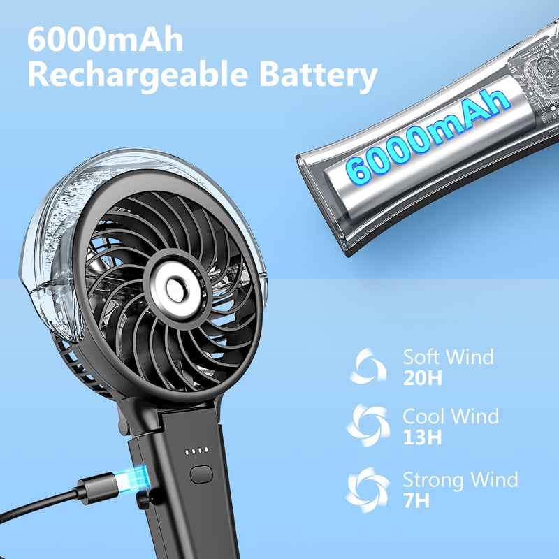 6000mAh Portable Handheld Misting Fan as Backup Power, 50ml XL Water Tank, 20H Runtime 3 Speeds, 180° Foldable Rechargeable Mist Fan for Travel, Outdoors, Makeup - Black