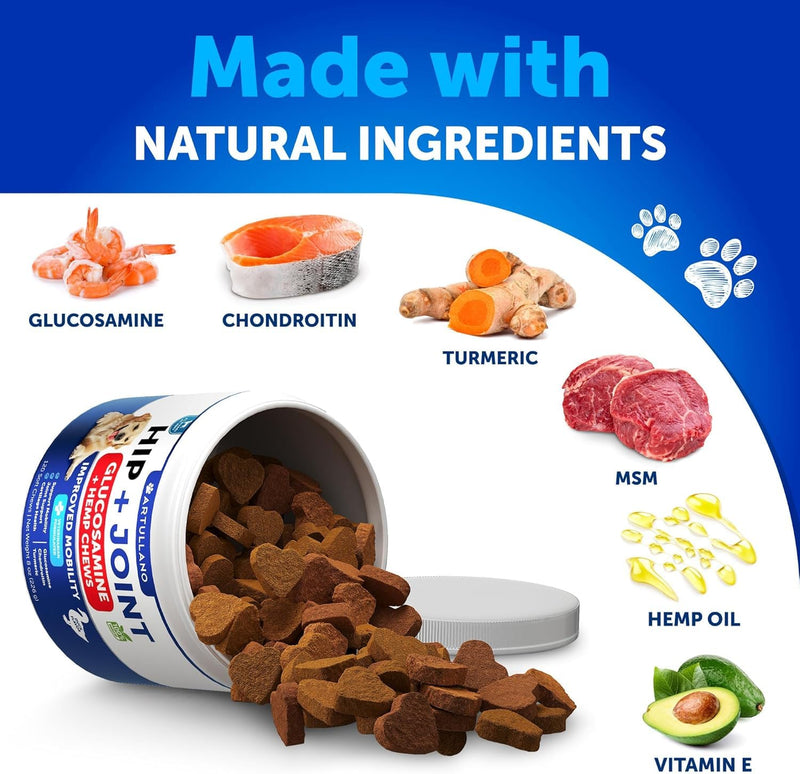Hemp Hip and Joint Supplement for Dogs - Glucosamine for Dogs Joint Pain Relief - Chews with Chondroitin, MSM, Hemp Oil - Mobility Support, Cartilage Health - For Large, Small breeds - 120 Soft Treats Hip & Joint Hemp Chews 8 oz