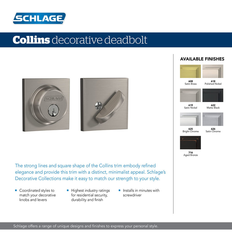 SCHLAGE Lock Company Single Cylinder Deadbolt with Collins Trim, Satin Brass (B60 608 COL)
