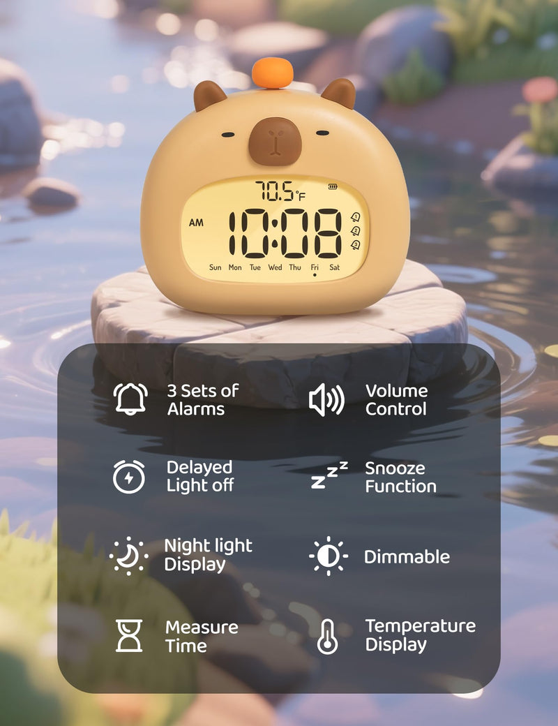 Capybara Kids Alarm Clock with Night Light, Digital Alarm Clock for Bedrooms, USB Rechargeable, 3 Alarms, Snooze, Cute Kawaii Clock for Desk & Back to School Gifts for Boys Girls Capybara