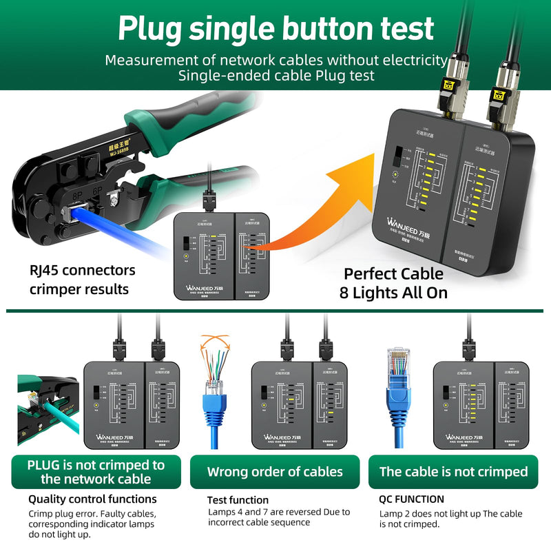 Professional Rechargeable Network Cable Tester - for RJ45/RJ11/RJ12, Tests CAT5/CAT5e/Cat6/Cat6a/CAT7 UTP/STP, PoE & CAT3, Wire Mapping, Fault Finder-Black-CE810 Charging Ethernet Tester-Black