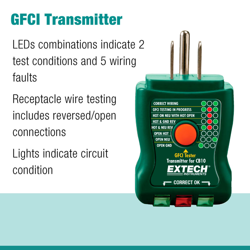 Extech - 1218G94EA - CB10 Circuit Breaker Finder, Locates fuses/breakers, Tests receptacles and GFCI circuits, Green,Red