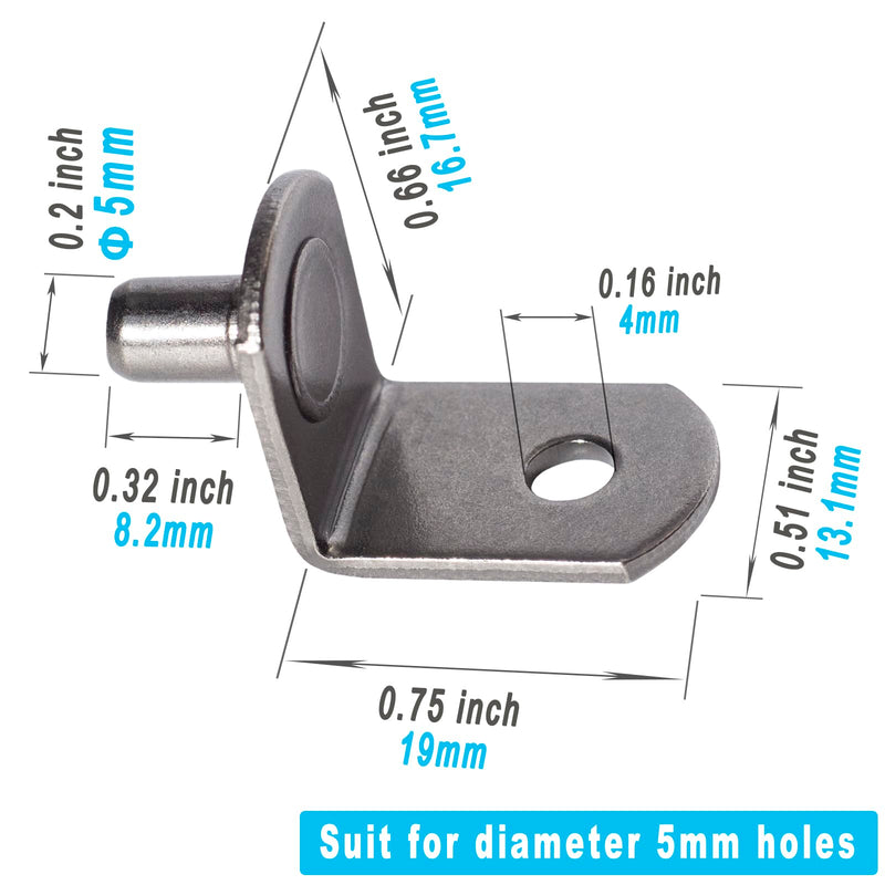 5mm Shelf Pegs L-Shaped Cabinet Support Pins Bracket Style Clips for Bookcase Kitchen Closet Shelves Holders,16 PCS Gun Metal 5mm