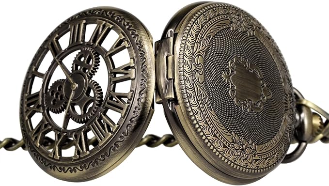 TREEWETO Skeleton Manual Winding Mechanical Double Case Roman Numerals Antique with Fob Chain Box Bronze - NewNest Australia