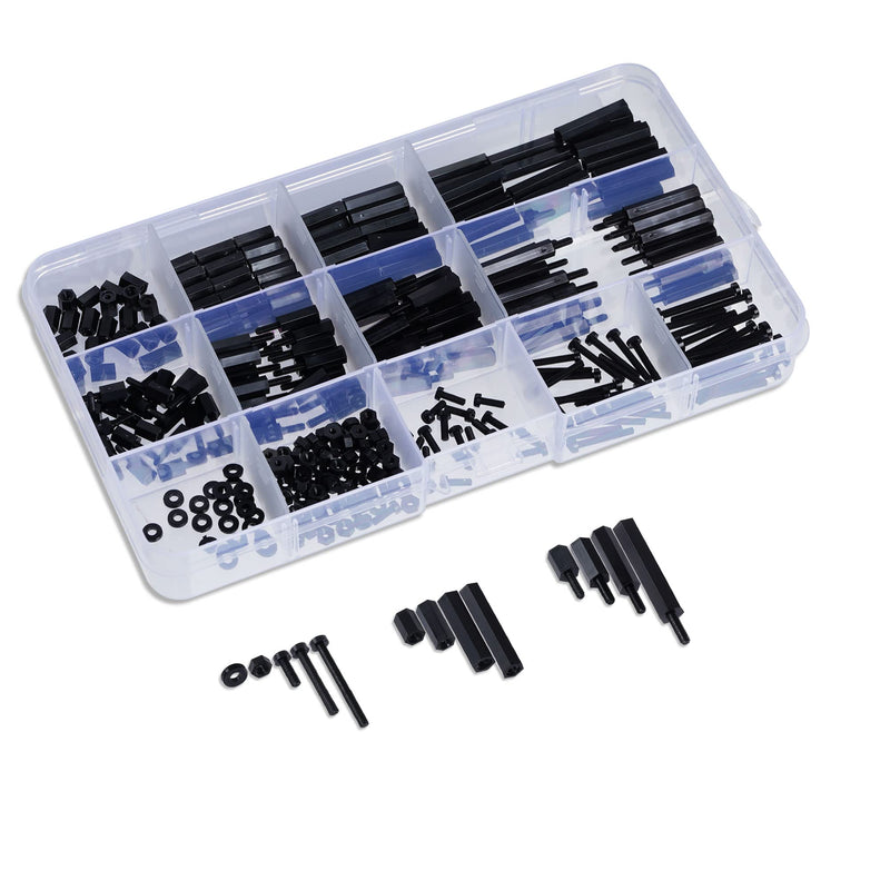 Lystaii 320pcs M2 Nylon Hex Spacer Standoff Kit Male Female Screw Nut Threaded Pillar Hex Standoff PCB Motherboard Circuit Board Standoffs Mounting Hardware Spacer Assortment Kit (Black, M2) Black