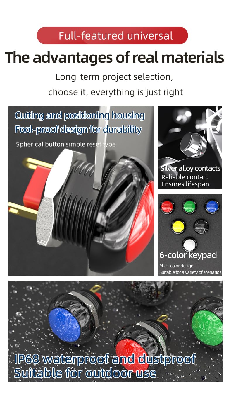 5pcs 12mm Momentary Push Button Switch Mini Round Switch IP68 Waterproof Gold-Plated Insert One Normally Open 3A 250V AC SPST NO 2 Pin PBS-33B (Red) Red