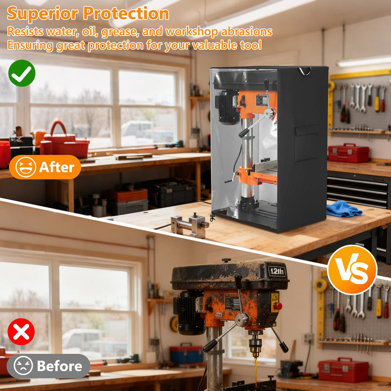 COSHNIBI Benchtop Drill Press Cover,Fit Most 12-Inch Mini Drill Press on the Market,with Side Pocket and Transparent PVC Design,25.5"D x 17.3 "W x 38.5 "H,Black