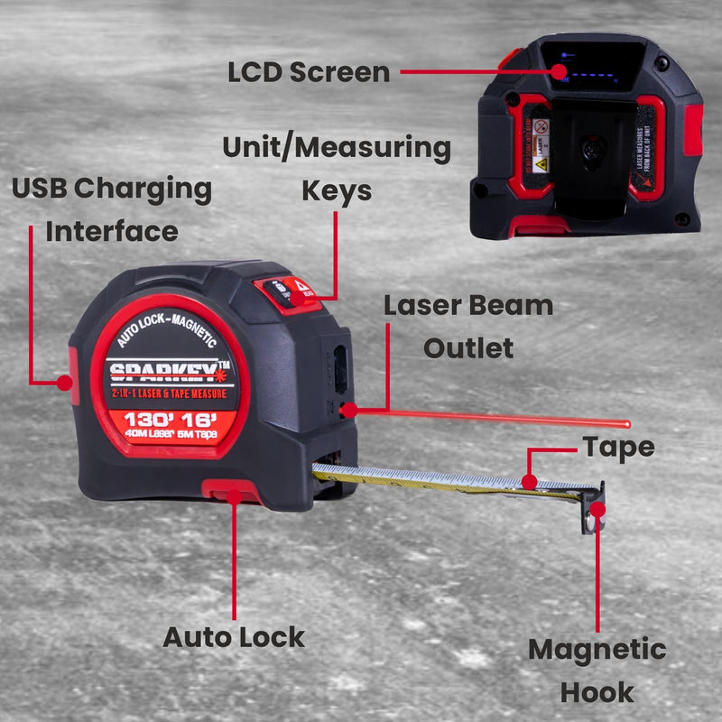 SPARKEY 2-in-1 Laser Tape Measure, 130Ft Laser Distance Measurement, Area/Volume & 16Ft Tape Measuring, Magnetic Hook, USB Rechargeable, Auto Lock, M/Ft/in/Ft+in, LCD Display. 0.5 m Laser Tape Measure 2 in 1