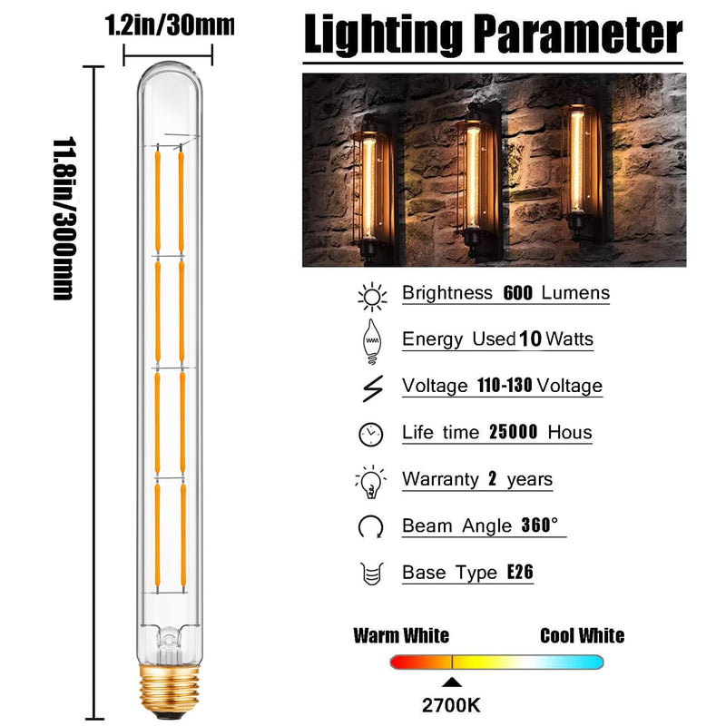 XININSUN T300 Led Bulb, 11.8 Inch Long Tubular Led Light Bulbs, 100Watt Equivalent, 1000lm, Dimmable, Clear Glass, E26 10W T10 LED Edison Tube Lamp Bulb,4 Pack. (10W=100W 2700K) 10w=100w-2700k