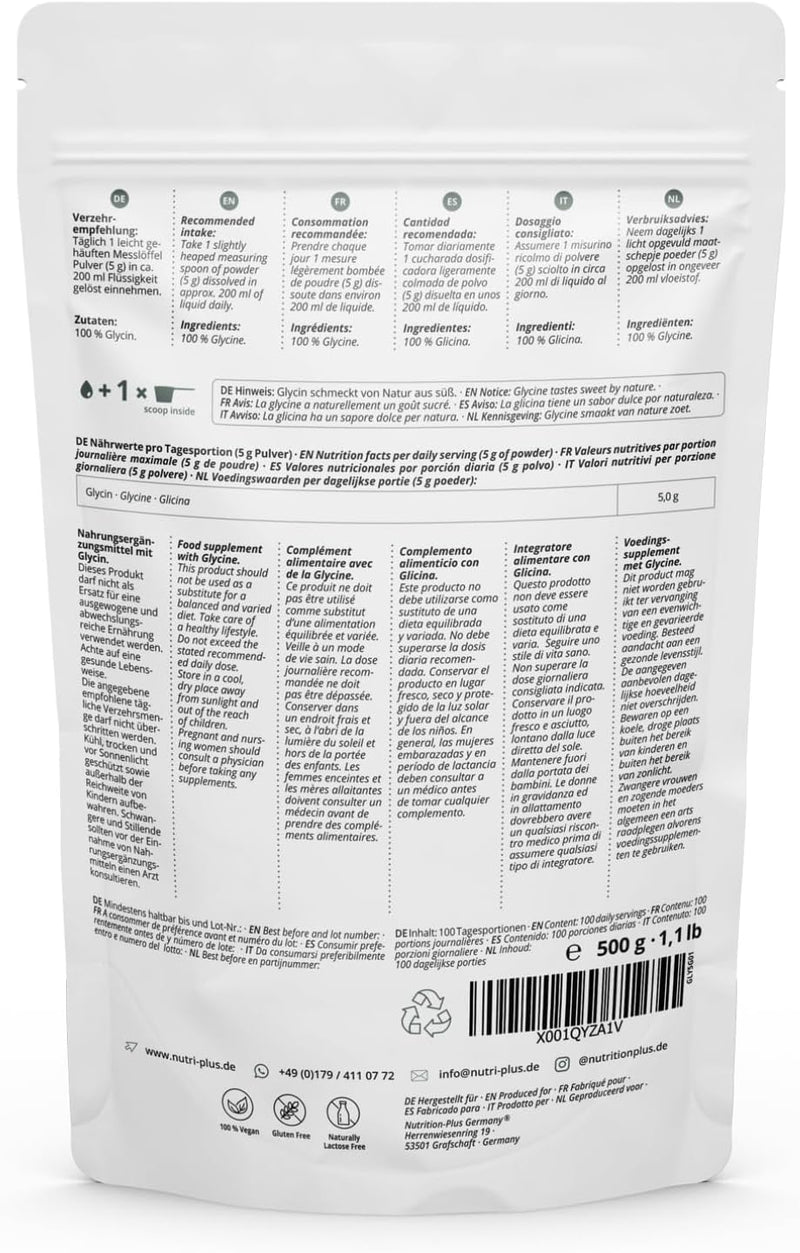 Glycine Powder Vegan + 100% Pure + High Dose - Glycine Powder 600 G - Amino Acid Without Additives - Also Ideal For Sweetening As A Sugar Substitute - Made In Germany