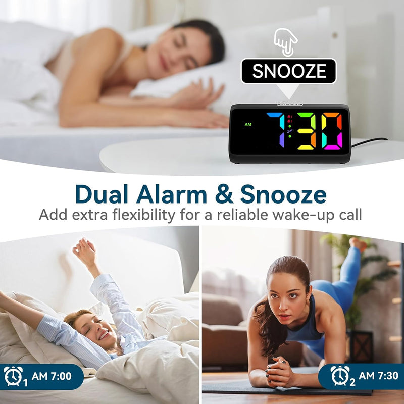 Netzu Loud Alarm Clock for Heavy Sleepers, RGB Alarm Clocks for Bedrooms Seniors Kids, Plug in Digital Clock with 5 Dimmers, 2 Alarms, 4 Volumes and Snooze Black