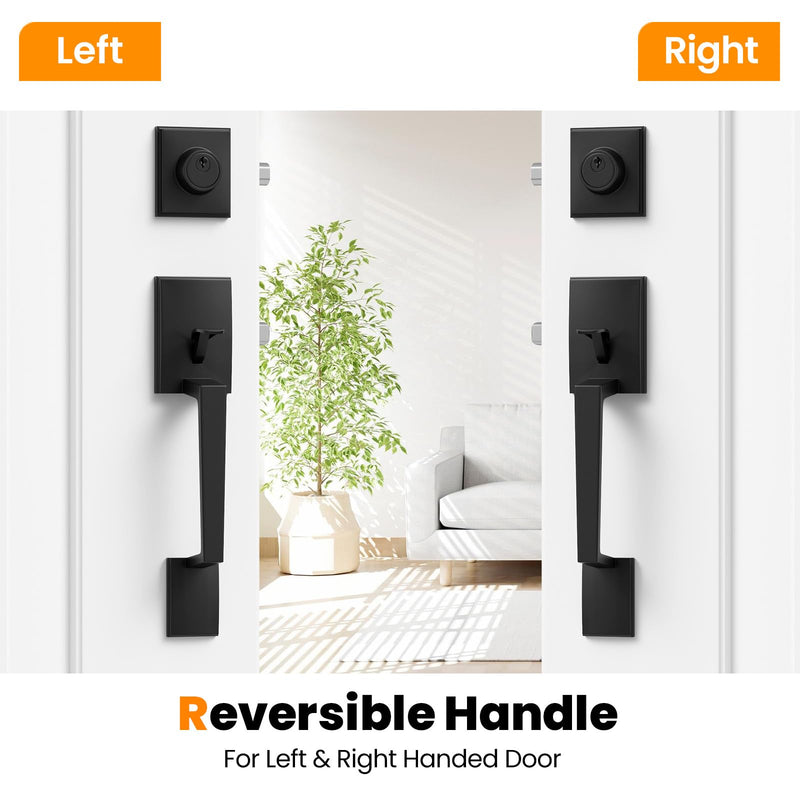 HOSOM Front Door Lock Set Black Front Door Handle with Deadbolt and Lever Set Exterior Door Handle Set with Single Cylinder Deadbolt Entry Door Locksets for Right&Left Handed, Matte Black Modern