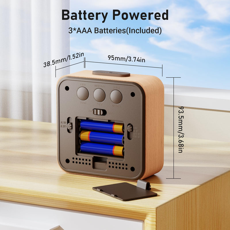 CHEREEKI Battery Operated Clock with Real Wood Case, Loud Alarm, Snooze, Automatic Light Sensor, Temperature, Date and Day of the Week Display (3 AAA Batteries Included)