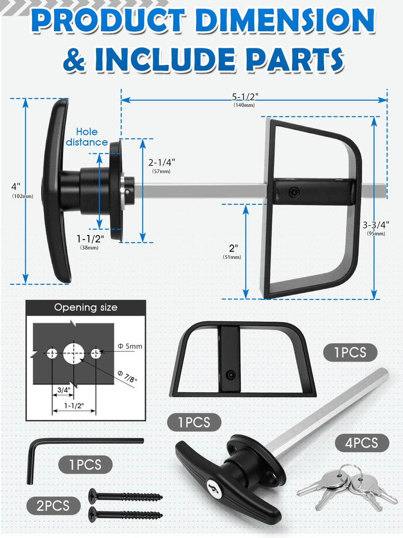 Shed Door T-Handle Lock Latch Kit 5-1/2" Stem 4 Keys, 6in Spring Loaded Gate Pin Bolt Latch, Shed Barn Coop Storage Door T-Lock Set - 1 Lock+2 Latch Lock 5-1/2" + Latch 6in