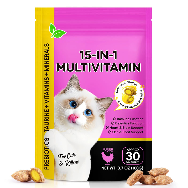 Cat Vitamins Chews, 15 in 1 Cat Multivitamin Treats for Health, Immune, Joint Support, Skin & Coat, & Digestion, Vitamins with Taurine, Omega-3s & Probiotics, Chicken (30 Day Supply) 1PCS