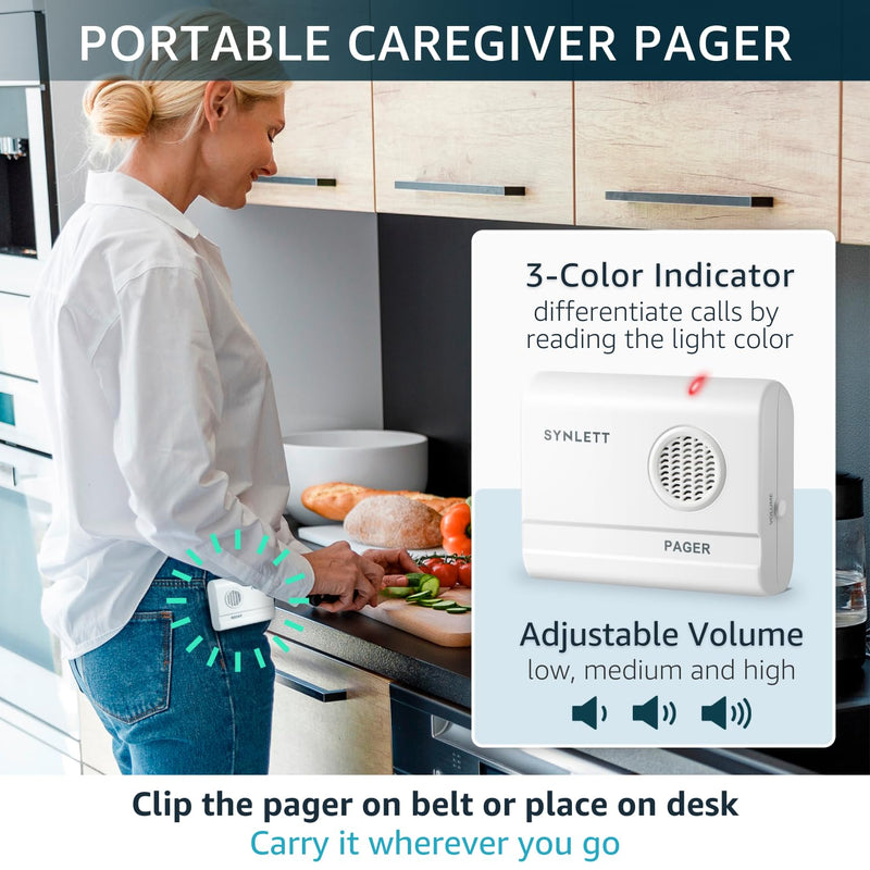 Bed Alarm Caregiver Pager with Wireless Motion Sensor Alarm Indoor Fall Prevention for Elderly Monitoring Seniors Dementia Patients Seniors Home Door Chime 1 Motion Sensor 1 Receiver