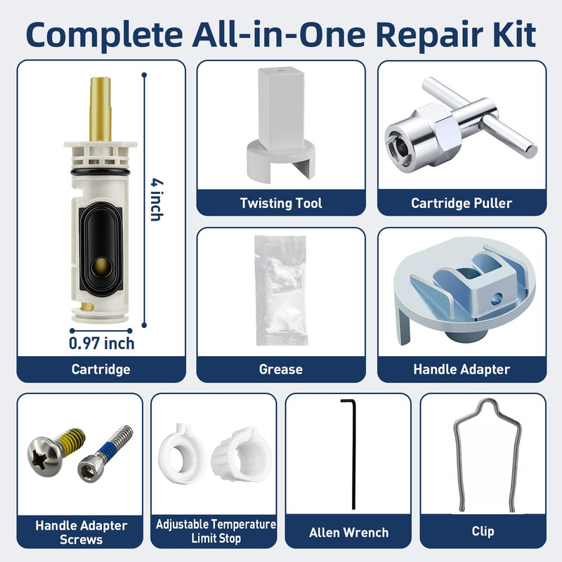 Shower Cartridge Compatible with Moen 1222 Replacement Cartridge for Posi-Temp Pressure Balancing Valve Repair with 104421 Removal Tool, Metal Handle Adapter, Temp Limit Stop for Shower Tub