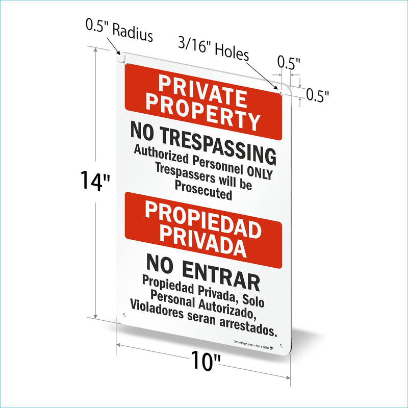 SmartSign "Private Property - No Trespassing" Bilingual Sign | 10" x 14" Aluminum 14" x 10"