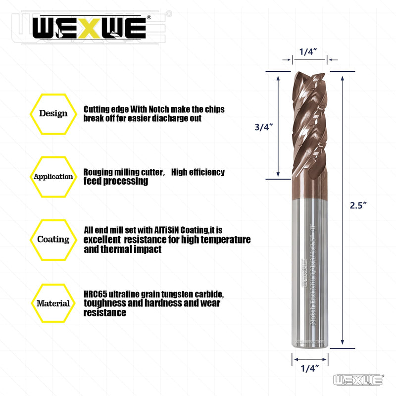 Tools Carbide Roughing End Mill with Notch Groove Square Carbide End Mills for Generral,Alloy,Cast Iron, Hardened Steel Cutting- 4 Flute Cutting Tools 1/4 Shank (1/4-2.5" 2PCS) Notch End Mill 1/4-2.5" 2PCS