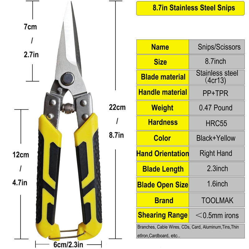 Aviation Tin Snips 8.7 Inch Heavy Duty Industry Scissors Straight Metal Cutter with Comfort Grip and Stainless Steel Blades Multifunction Cutting 8.7in Straight-Blades
