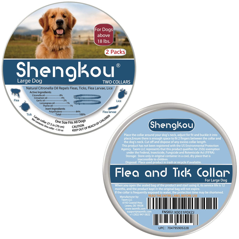 Flea and Tick Collar for Large Dog, Prevention and Control of Pests on Dogs, Safe Natural Ingredients Protection, Waterproof, Free Flea Drop and Comb, 27.5 inch, 2-Pack