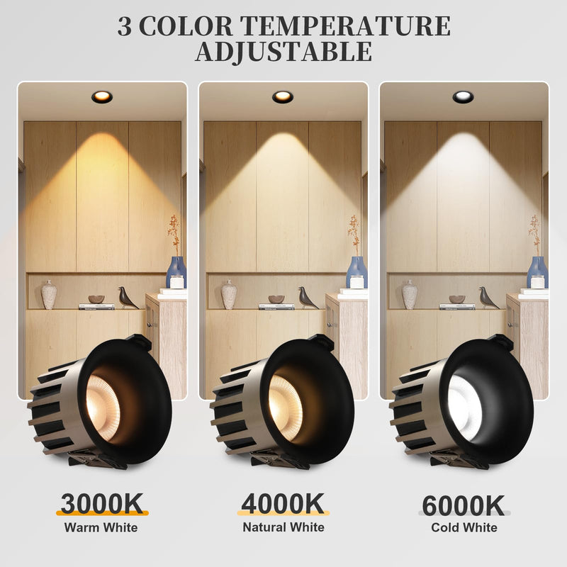 3 Inch Recessed Ceiling Light, Dimmable Recessed Lights with J-Box, 3CCT Trimless Soffit Canless Light 3000-6000K Selectable, 12W 1300LM Black Recessed Lighting for Living Room,Kitchen (2 PCS) Black-Gold 3 Inch-2 Pack
