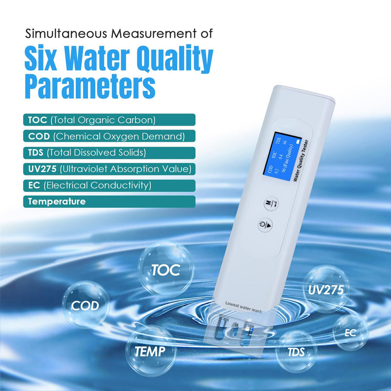TDS Meter, 6 in 1Digital Water Tester,COD/TOC/TDS/UV275/EC/Temp Water Quality Tester for Drinking Water, Well, Tap, Purified etc.