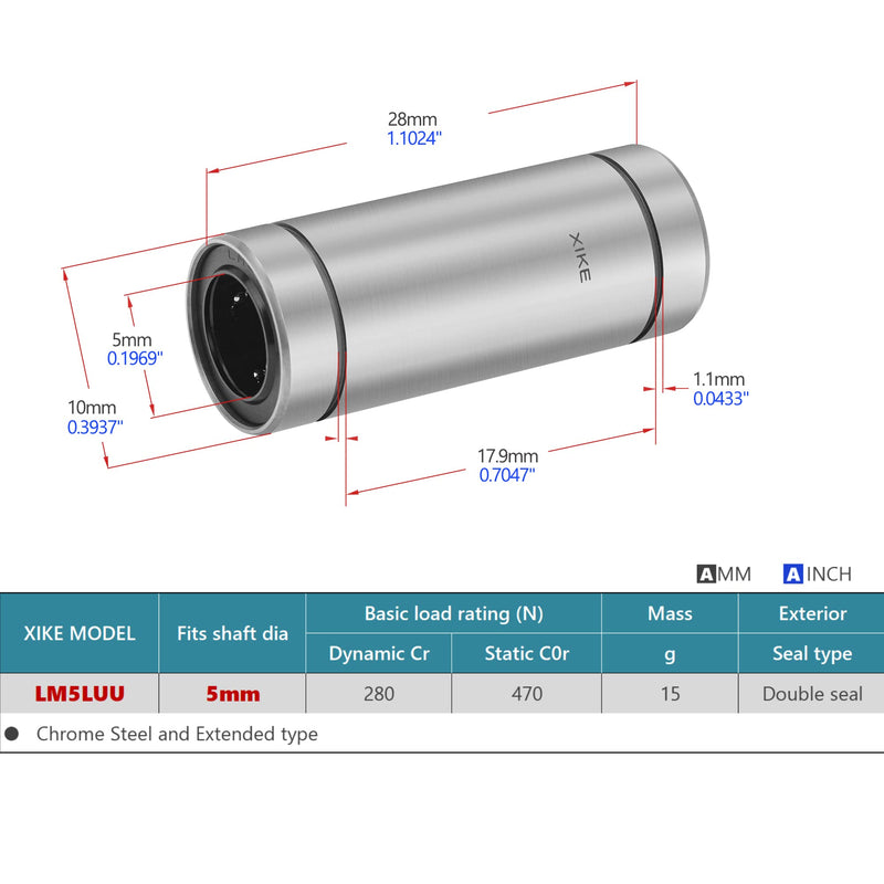XIKE 2 Pcs LM5LUU Sealed Lengthen Linear Ball Bearings 5x10x28mm,Fits DIY/3D Printer/Workbench/CNC, M4 Rod Shaft Guide Linear Motion System and SCS4LUU Linear Ball Bearings Block Slide Bushing. LM5LUU 5x10x28mm