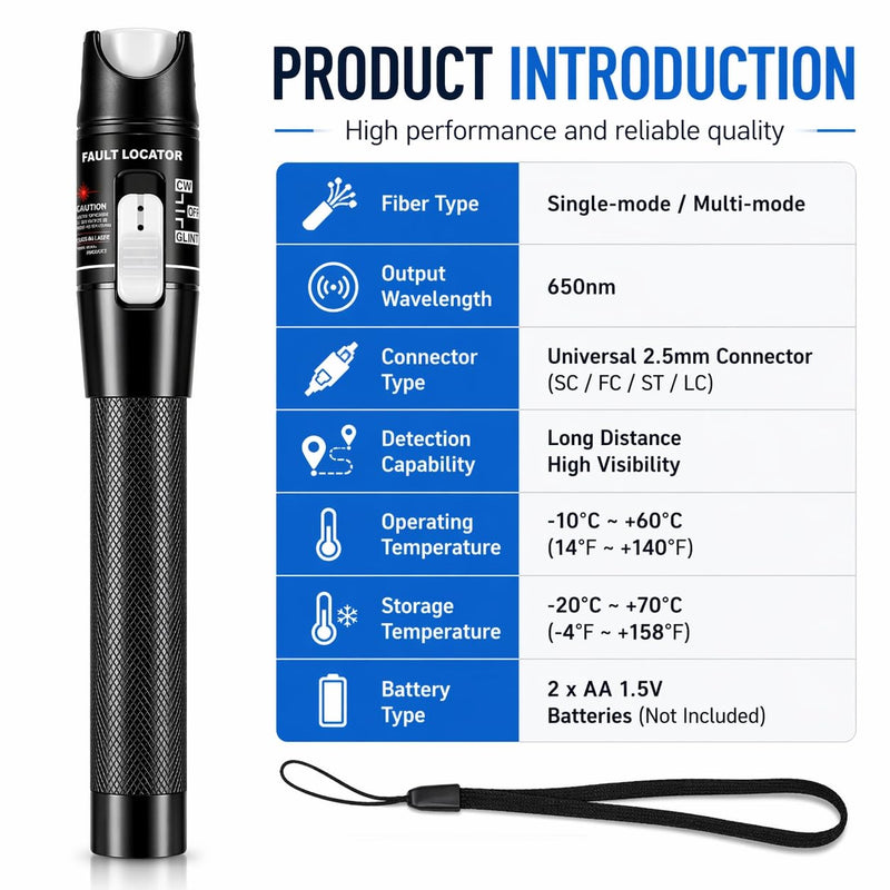 Visual Fault Locator, Fiber Optic Cable Tester Pen, VFL Red Light Tool with FC to LC Adapter & 2.5mm Universal Connector (Black, 80 KM) Black