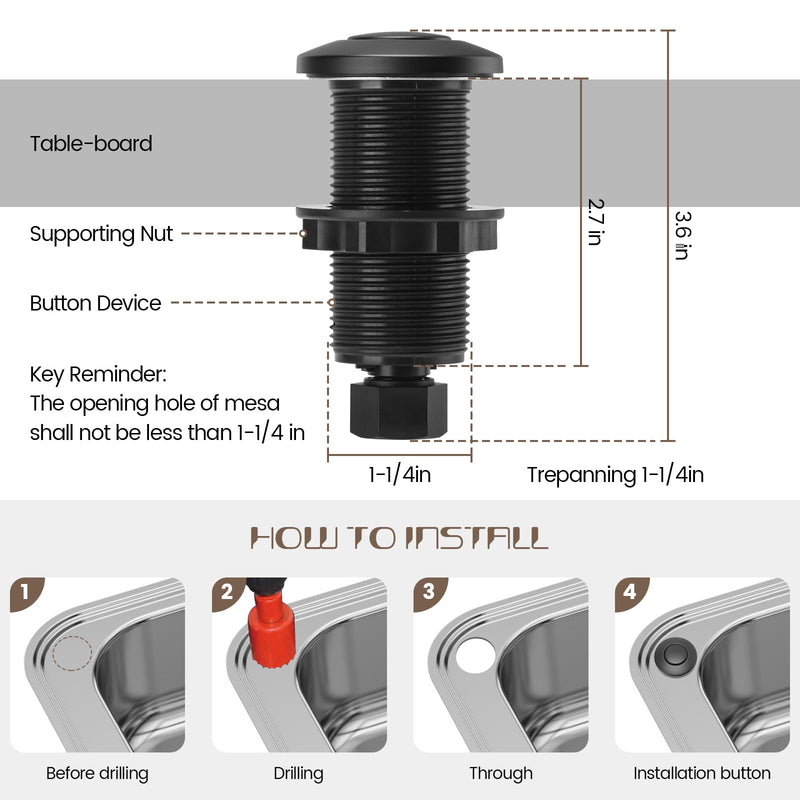 Garbage Disposal Air Switch Kit Sink Top Waste Disposal Long Stainless Steel Black On/Off Air Button Food and Waste Disposals Part by Etoolcity, UL Listed Long/3.6''