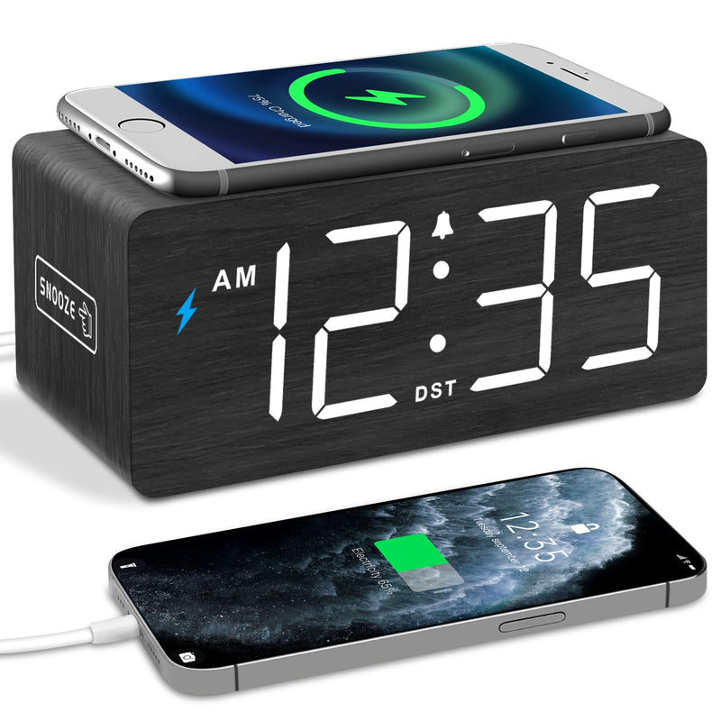 DreamSky Wooden Digital Alarm Clock with Wireless Charging for Bedroom, Bedside Nightstand Clock with Charger Station, USB Port, Large Numbers, Adjustable Volume, Brightness Dimmer, DST Black