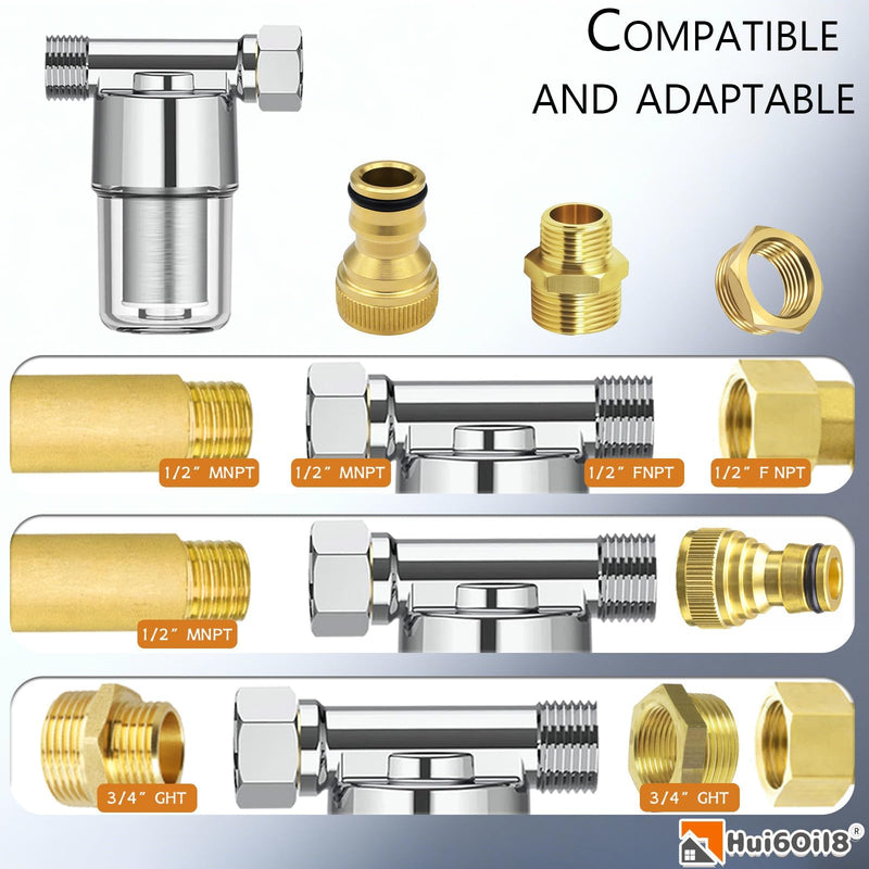 Reusable Inline Sediment Water Filter - 40 Micron Solid Brass Pre-Filter for Washing Machine, RV, Shower & Garden Hose - Explosion-Proof Clear Housing with 1/2" NPT & 3/4" GHT Adapters